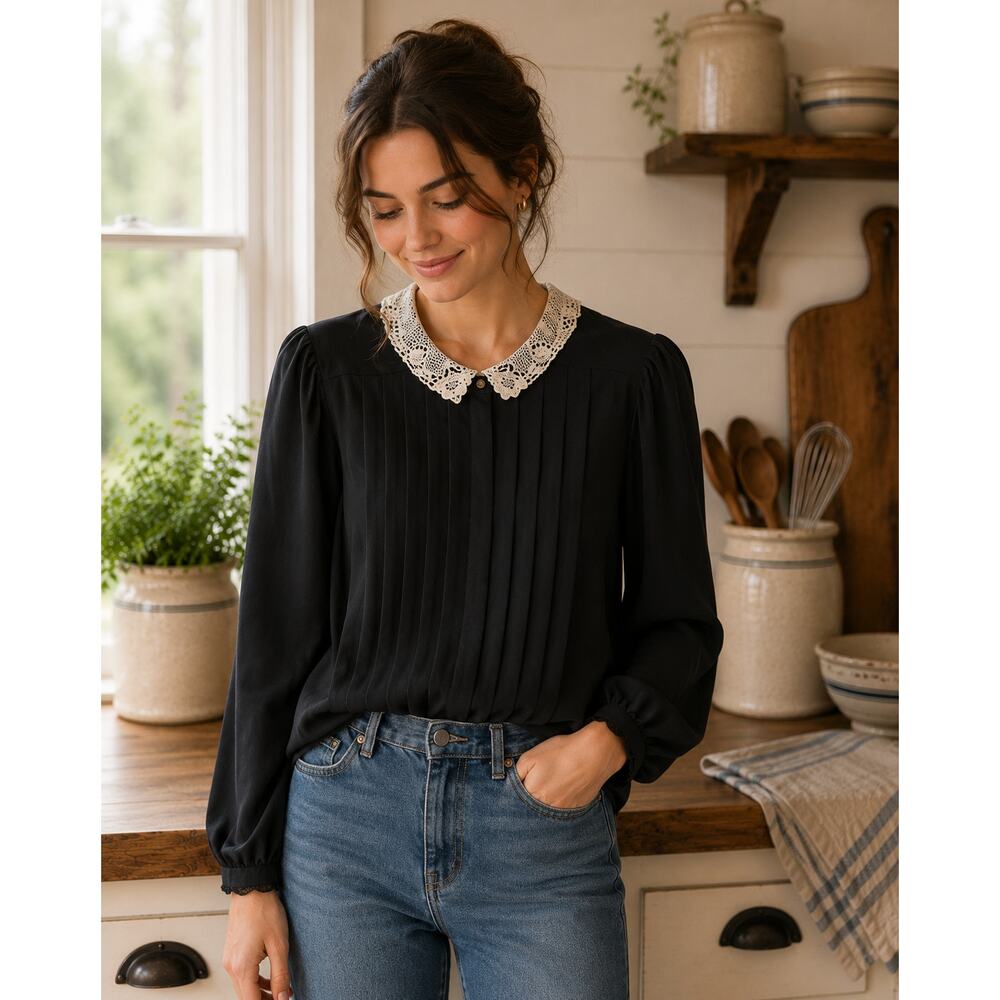 Ship'n Shore Granny Core Vtg Black Pleated Blouse Lace Collar Long Sleeve Sz 10